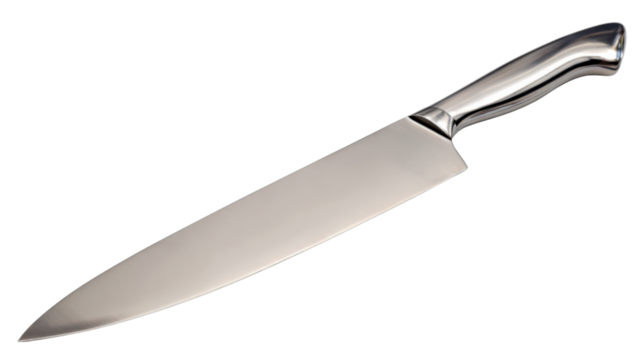 Stainless steel chef's knife for professional cooking, slicing, chopping, and preparing food on a transparent background - Powered by Adobe