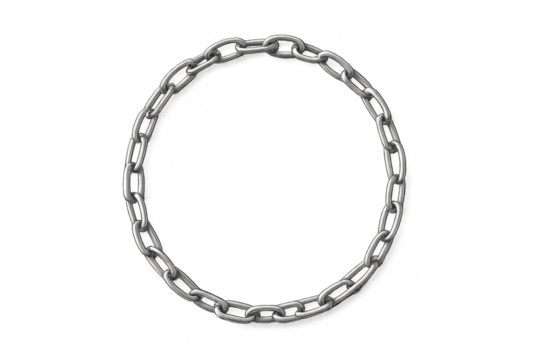 Strong metal chain forming a circular frame, isolated on transparent background, security concept.