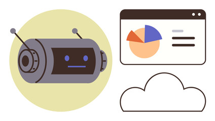Robot head with expressionless face, cloud outline, and web dashboard with pie chart. Ideal for AI, data analysis, cloud computing, technology, automation innovation futuristic simplicity. Flat