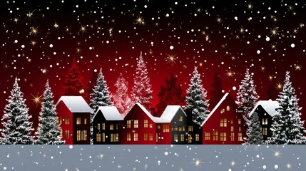 Fototapeta premium A snowy village scene with christmas lights, a magical time of year. A picturesque view with snow-covered fir trees and decorated buildings
