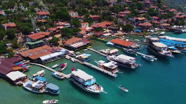 Aerial view of Simena Kalekoy port with boats