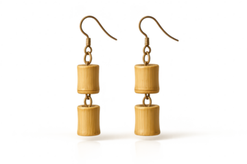 Bamboo cylinder dangle earrings, isolated on transparent background.