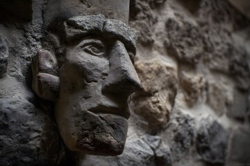Obraz premium Stone carving of a human face set into a rock wall