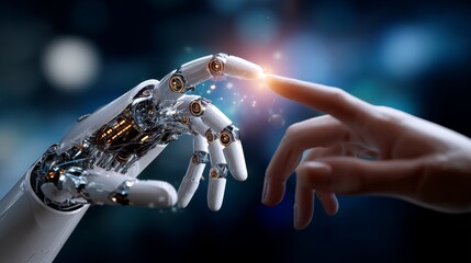 The touch of human and robot finger representing a future of technology. The human and robot fingers nearly touch, against a futuristic backdrop
