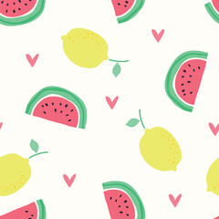 Cute Watermelon and Lemon Seamless Pattern. Hand-drawn fruit vector print with hearts. Ideal for summer fabric and backgrounds