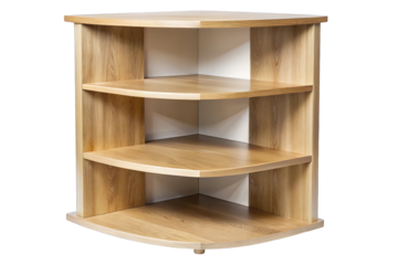 Three tier wooden corner shelf unit for efficient space saving storage solutions isolated on transparent background