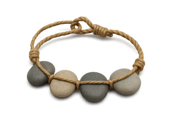 Handmade string of smooth natural river stones, isolated on transparent background