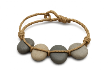 Handmade string of smooth natural river stones, isolated on transparent background