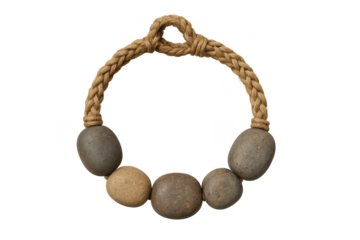 Braided rope and stone bead necklace, isolated on transparent, cut-out.