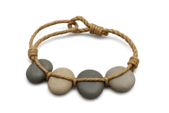 Handmade string of smooth natural river stones, isolated on transparent background