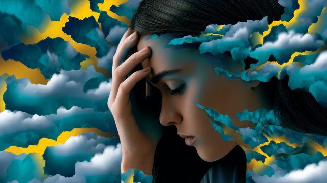 A woman is showing signs of stress and deep thought amid the abstract sky background