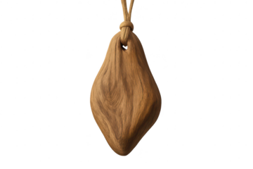 Natural wooden amulet hanging from a rope, isolated on transparent background