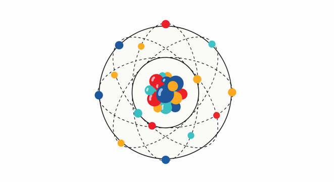 Flat vector illustration of a Bohr model atom, depicting a colorful nucleus with electrons orbiting on shells. A clean, modern science and physics icon