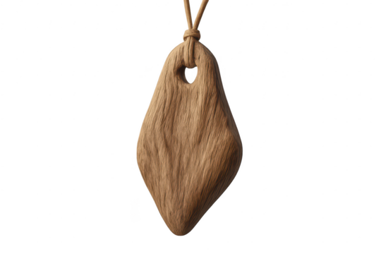 Rustic wooden amulet or pendant with rope isolated on transparent background