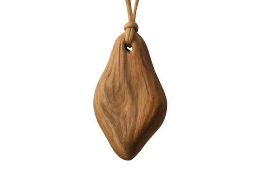 Natural wooden amulet hanging from a rope, isolated on transparent background - Powered by Adobe
