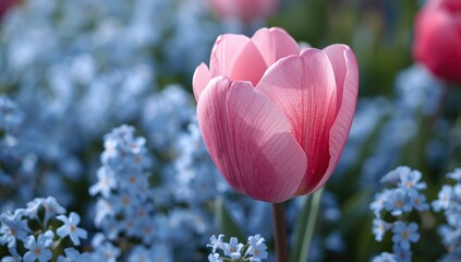 Close-up of a pink tulip in the foreground, surrounded by clusters of small, light blue flowers