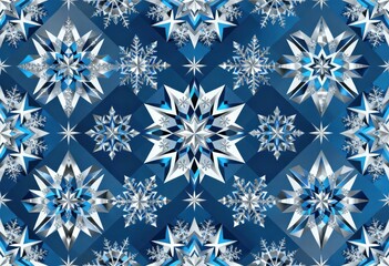 Fototapeta premium Intricate Blue and Silver Snowflakes with Geometric Patterns and Glittering Details on Dark Blue Background