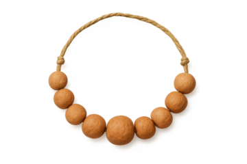Rustic brown clay bead necklace on rope, isolated on transparent background.