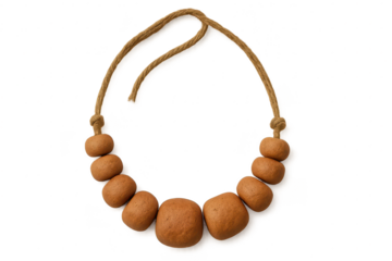 Handcrafted brown bead necklace with rope, isolated on transparent.