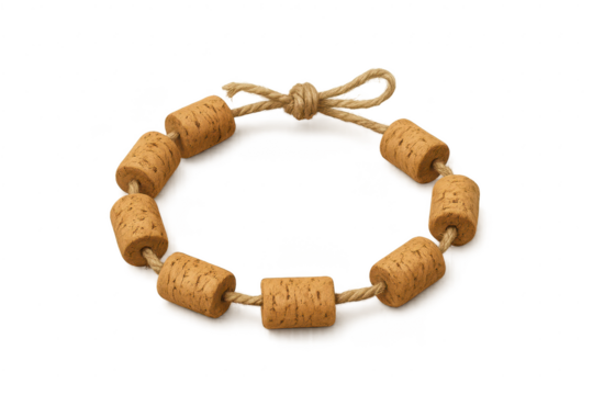 Unique cork bracelet with natural twine bow, isolated on transparent background.