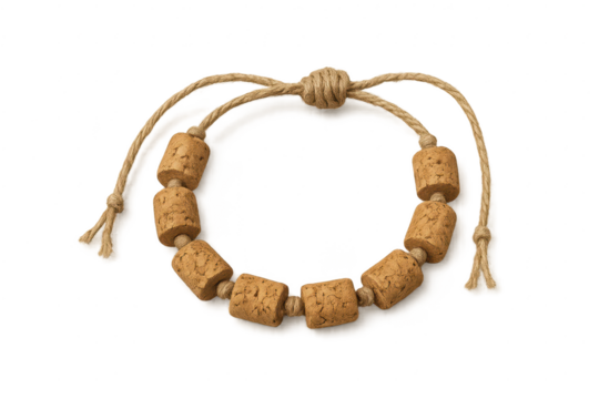 Handmade cork bead bracelet on natural jute string, isolated on transparent background.