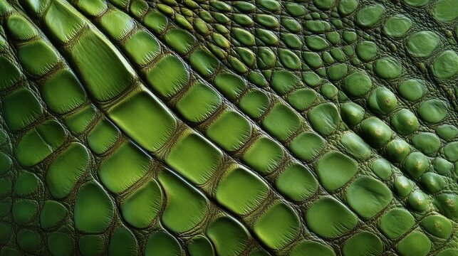 Detailed close-up of a green reptile skin, showcasing texture and detail. The intricate pattern of scales and the vibrant color create a mesmerizing visual experience. - Powered by Adobe