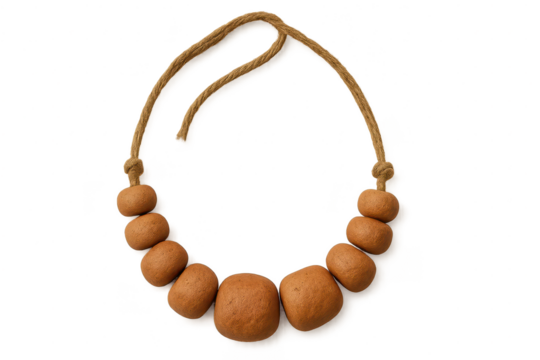 Handcrafted brown bead necklace with rope, isolated on transparent.