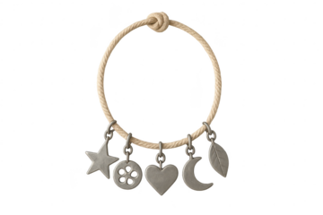 Handmade rope bracelet with assorted metal charms isolated on transparent background