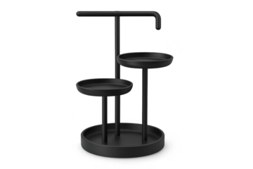 Black metal tiered stand with trays, isolated on transparent background.