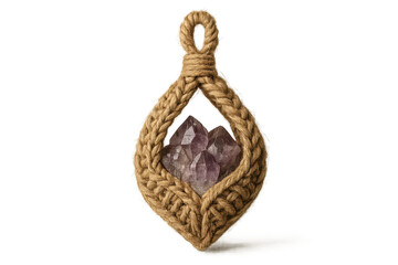 Amethyst crystal cluster in a macrame hanger isolated on transparent background