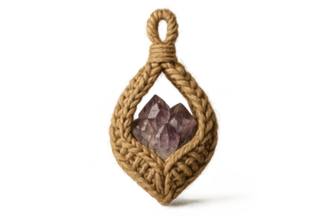 Amethyst crystal cluster in a macrame hanger isolated on transparent background