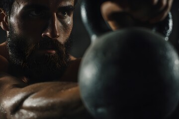 Intense bearded man lifts kettlebell in gym during his strength workout
