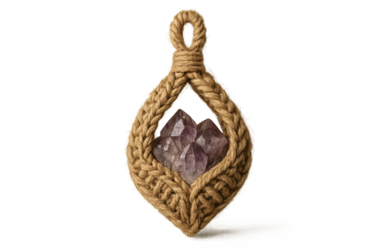 Amethyst crystal cluster in a macrame hanger isolated on transparent background