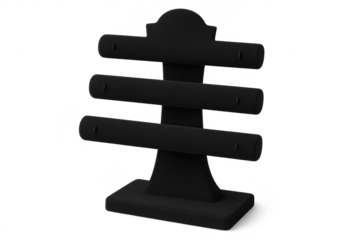 Black three-tier jewelry display stand isolated on transparent background.