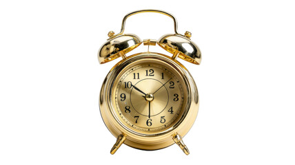 Golden retro alarm clock with analog display and bell on top, symbolizing punctuality, deadlines, and urgency on transparent background