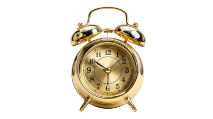 Golden retro alarm clock with analog display and bell on top, symbolizing punctuality, deadlines, and urgency on transparent background