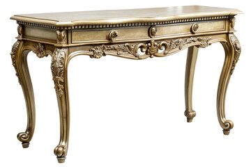 Ornate antique gilded console table with carved details and marble top isolated on transparent background