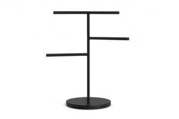 Black metal three-tier display stand, isolated on transparent background, empty.