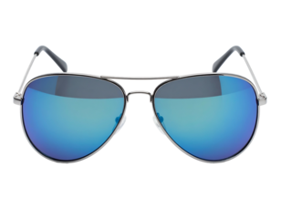 Silver aviator sunglasses with blue mirrored lenses on black