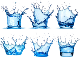 Six dynamic blue water splashes bursting from invisible vessels