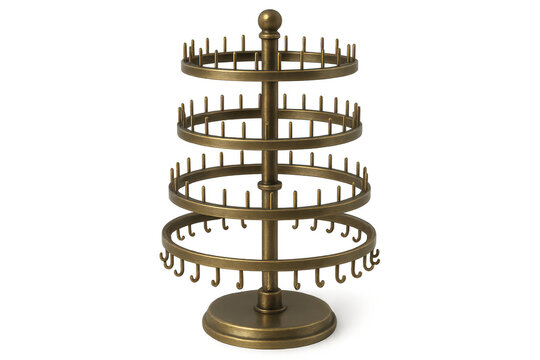 Antique bronze jewelry display stand with hooks and pegs, isolated on transparent background.