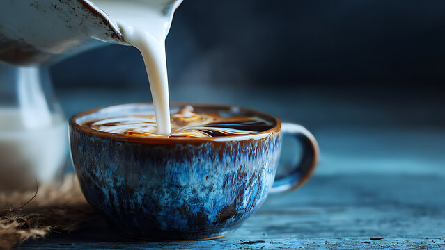 Artisanal Blue Ceramic Mug Captures a Cascade of Cream into Steaming Coffee