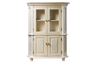 Elegant antique cream painted corner display cabinet with glass doors and lower storage isolated on transparent background