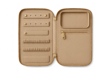 Beige jewelry travel case isolated on transparent background, open view, empty