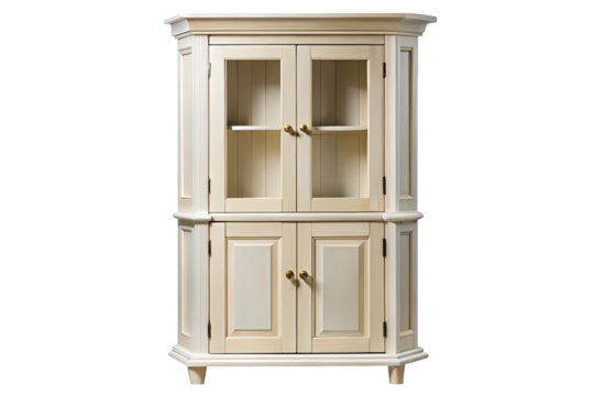 Elegant antique cream painted corner display cabinet with glass doors and lower storage isolated on transparent background - Powered by Adobe