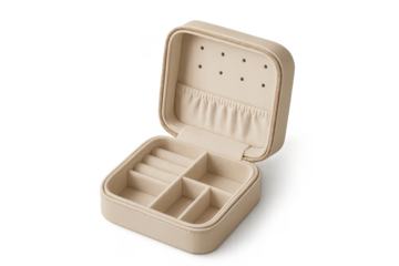 Elegant beige jewelry box isolated on transparent background, open and empty