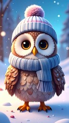 A charming, cartoon owl wearing a winter hat and scarf, standing in snow.