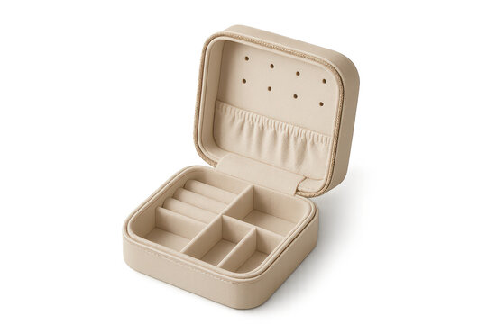 Elegant beige jewelry box isolated on transparent background, open and empty