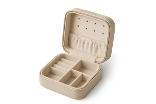 Elegant beige jewelry box isolated on transparent background, open and empty