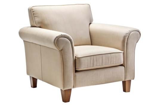 Elegant upholstered armchair with ornate floral pattern and rolled arms isolated on transparent background